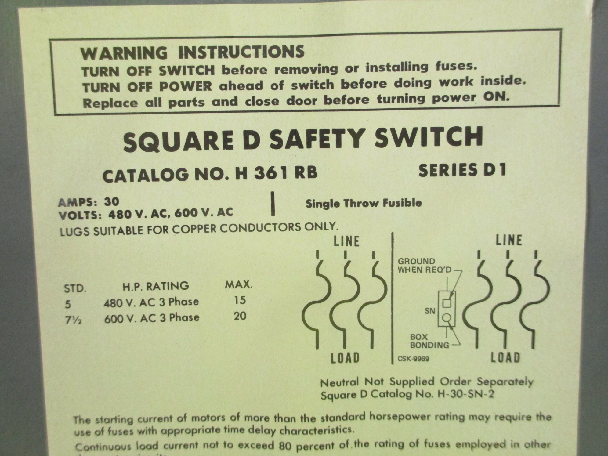 SQUARE D H361RB SER. D1 NSNP
