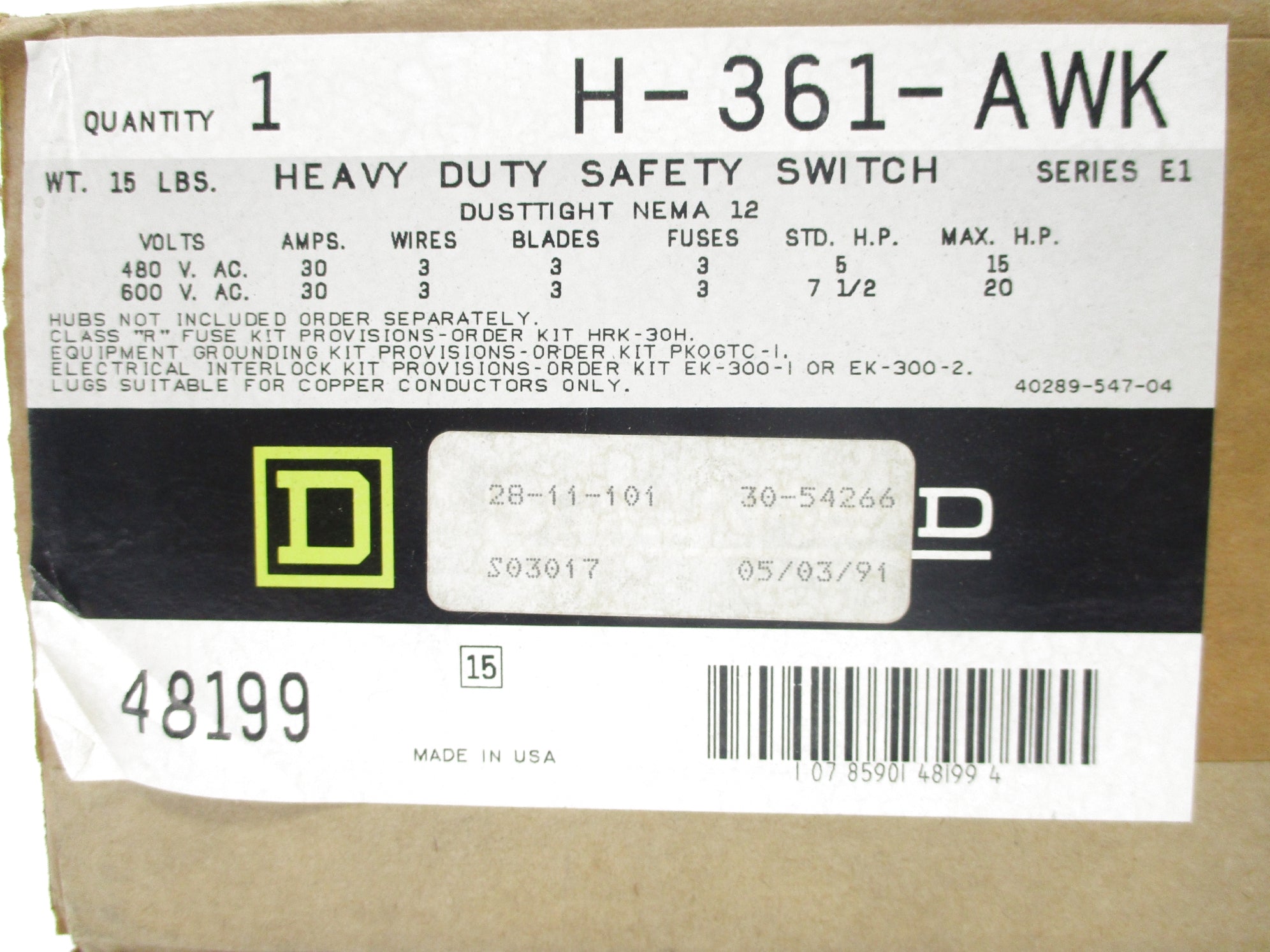 SQUARE D H-361-AWK SER. E1 NSFS