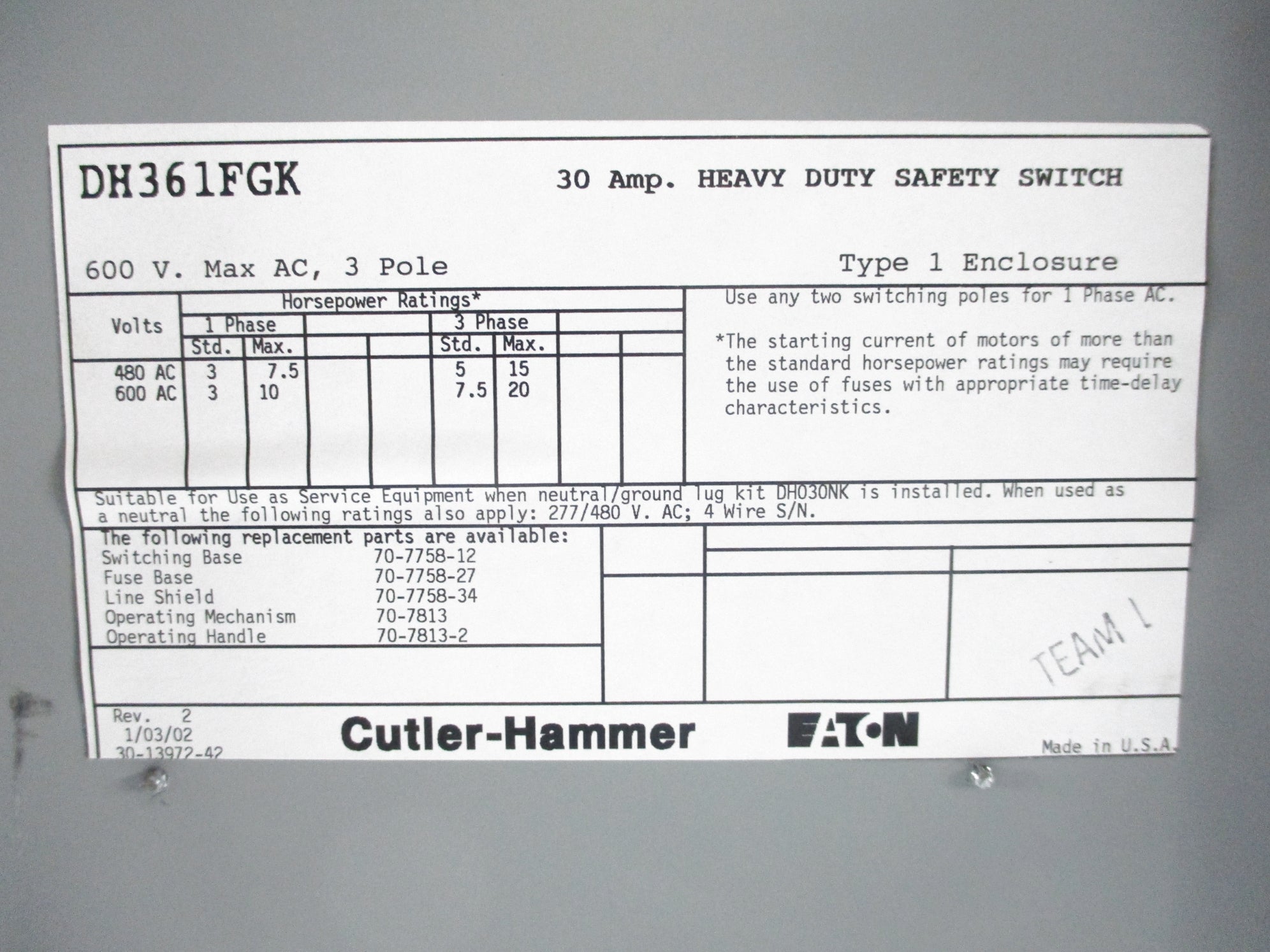 CUTLER HAMMER DH361FGK NSNP
