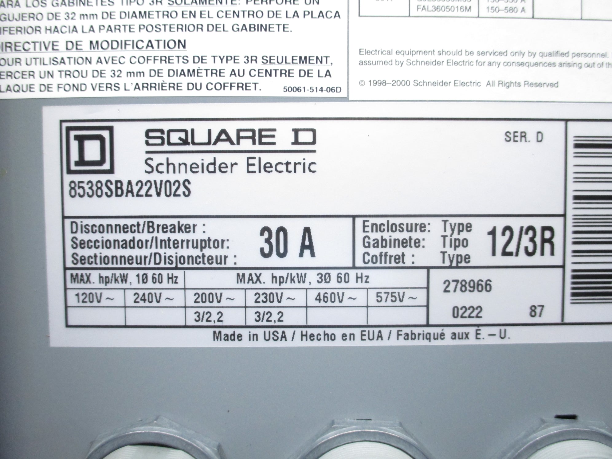 SQUARE D 8538SBA22V02S SER. D NSNP