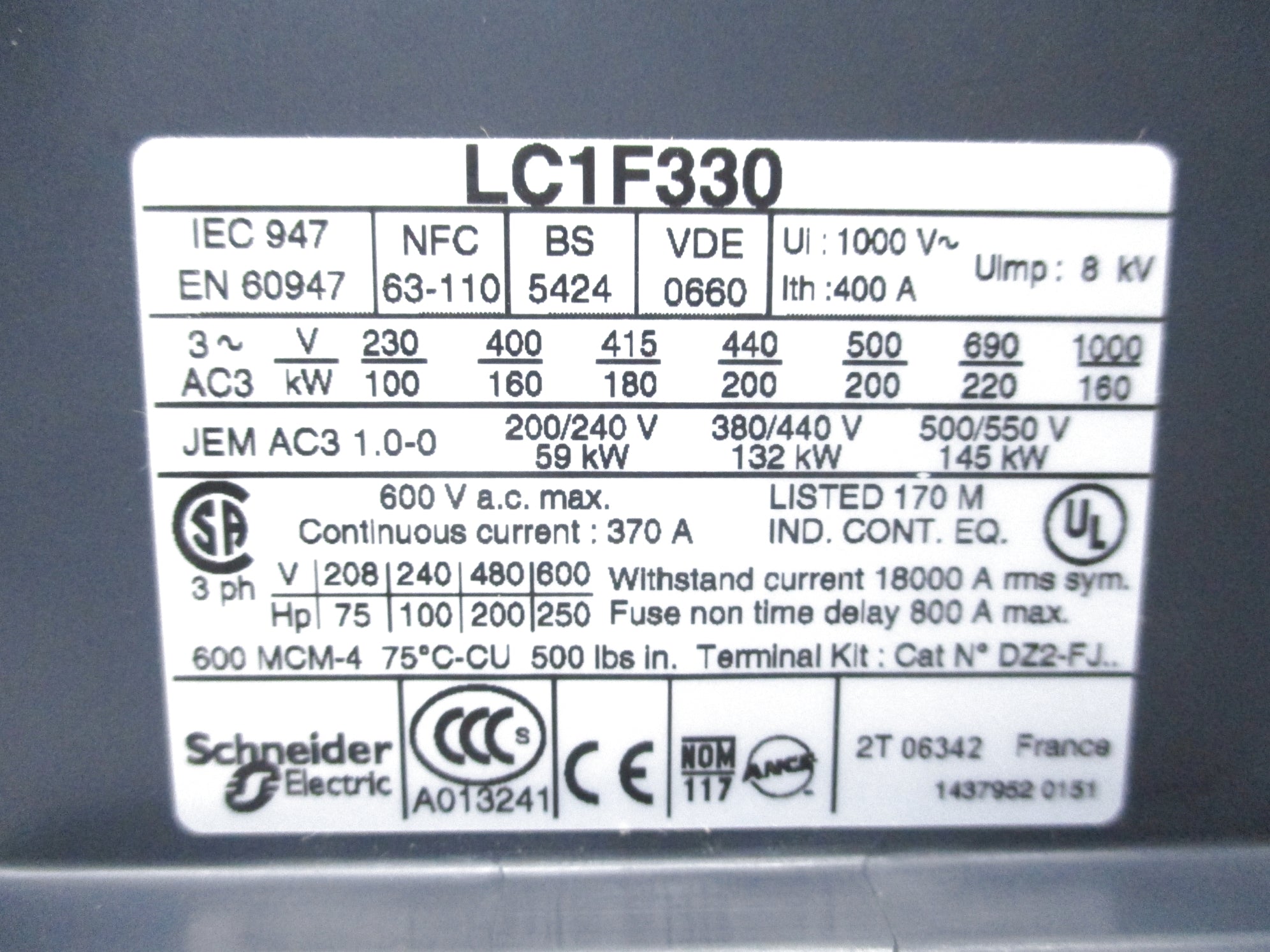 TELEMECANIQUE LC1F330 600VAC 370A NSNP