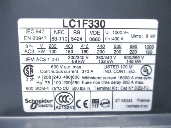 TELEMECANIQUE LC1F330 600VAC 370A NSNP