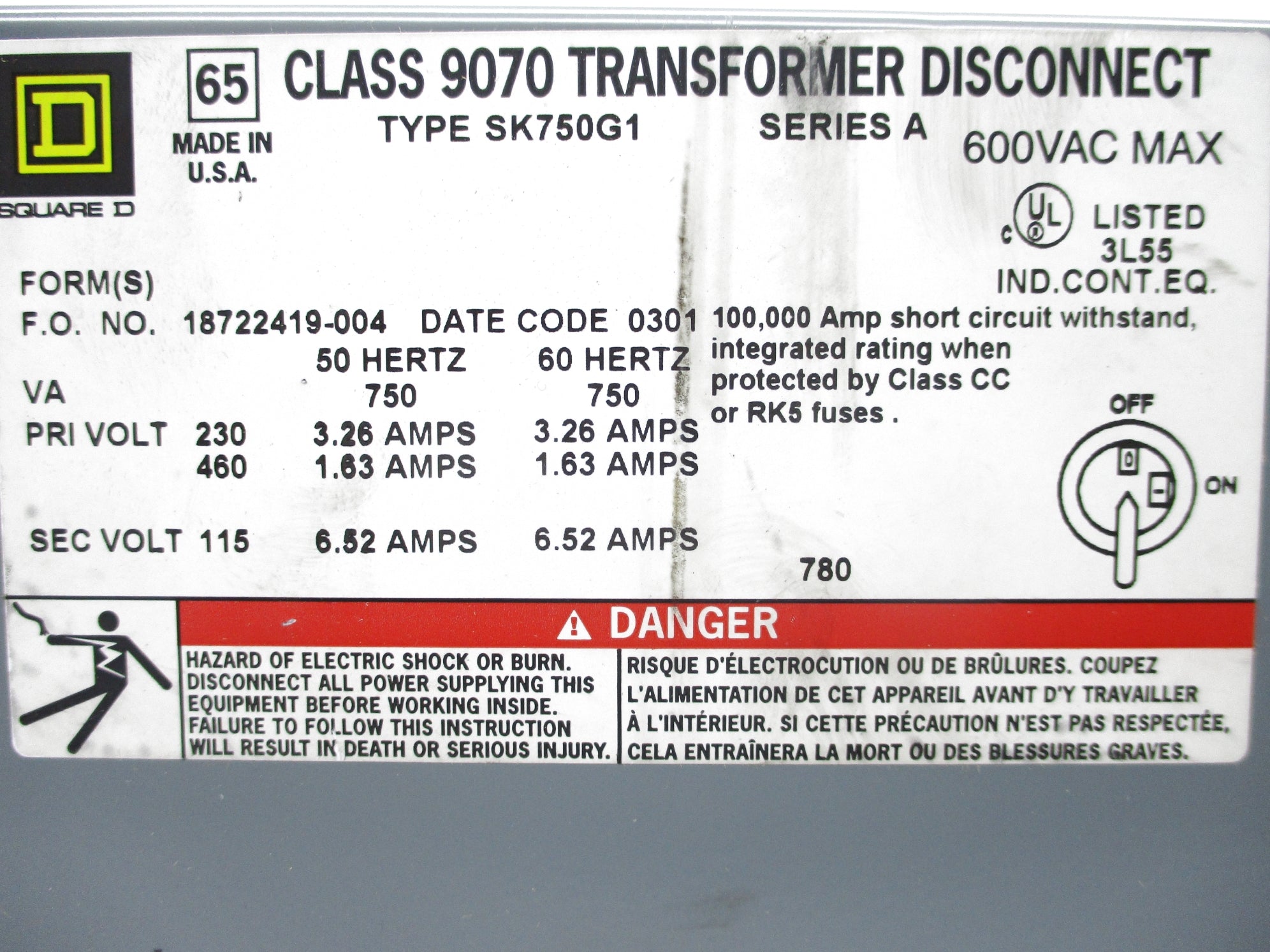 SQUARE D 9070SK750G1 SER. A NSNP