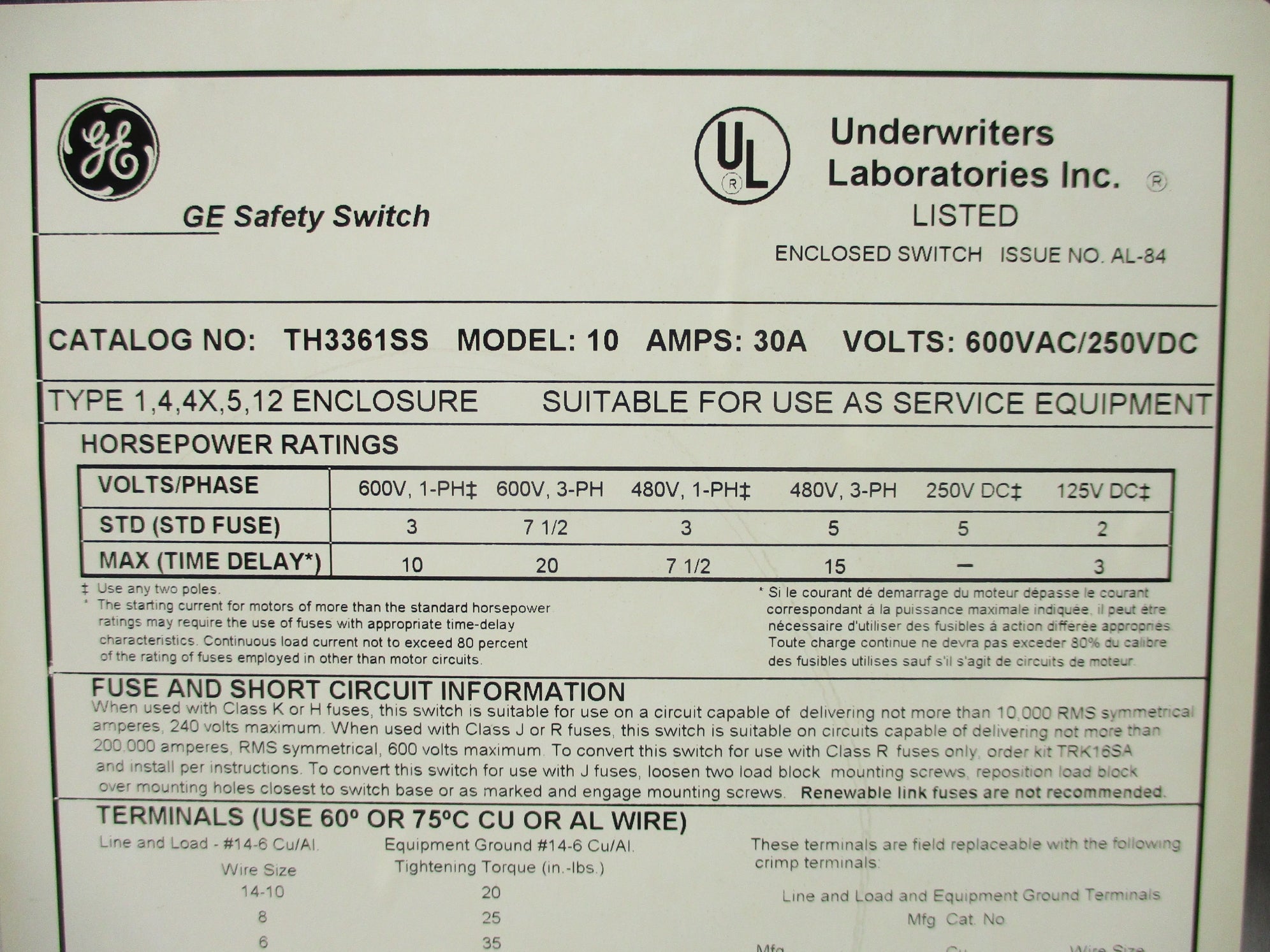 GENERAL ELECTRIC TH3361SS NSNP