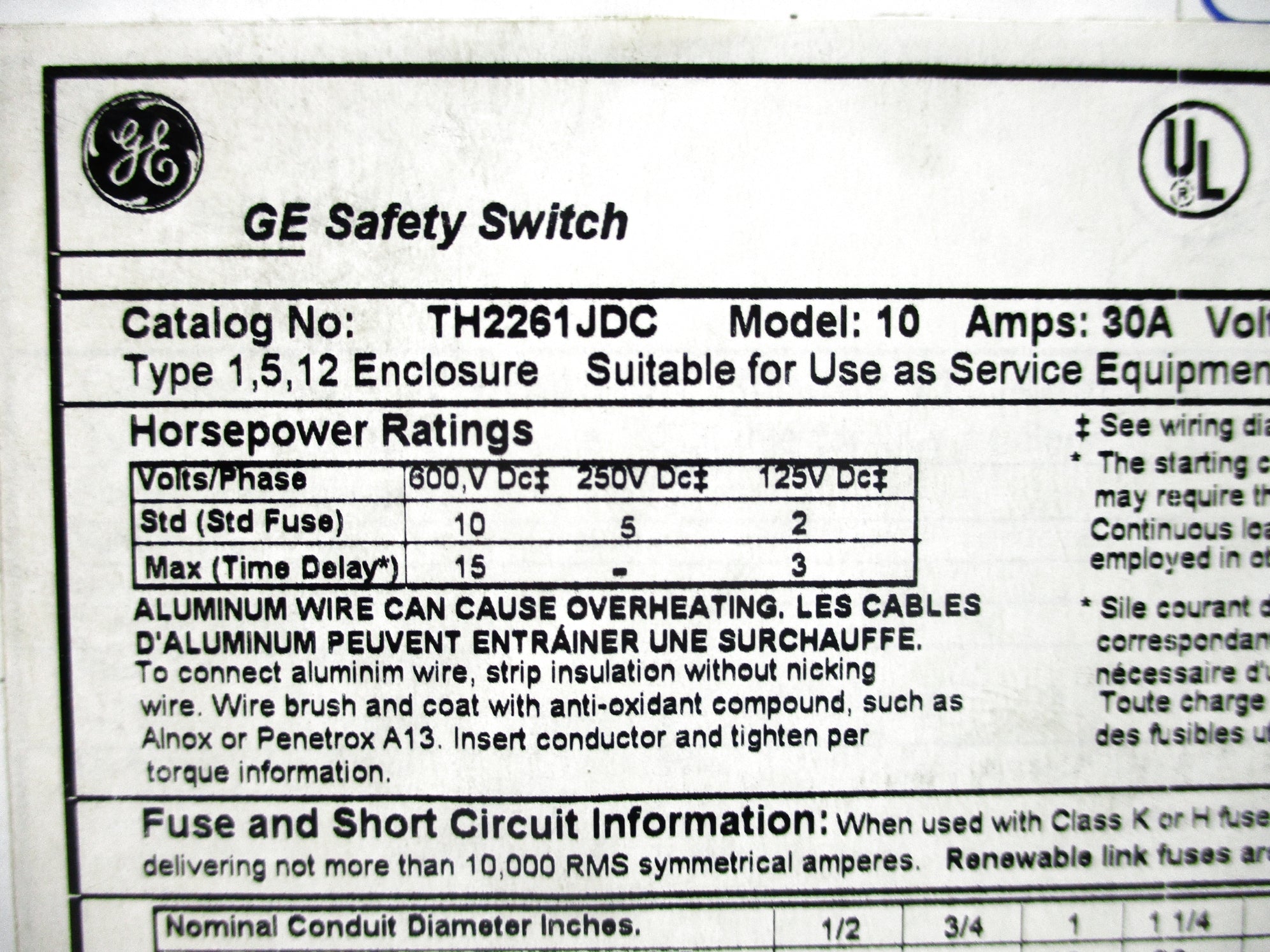 GENERAL ELECTRIC TH2261JDC 600VDC 30A NSNP