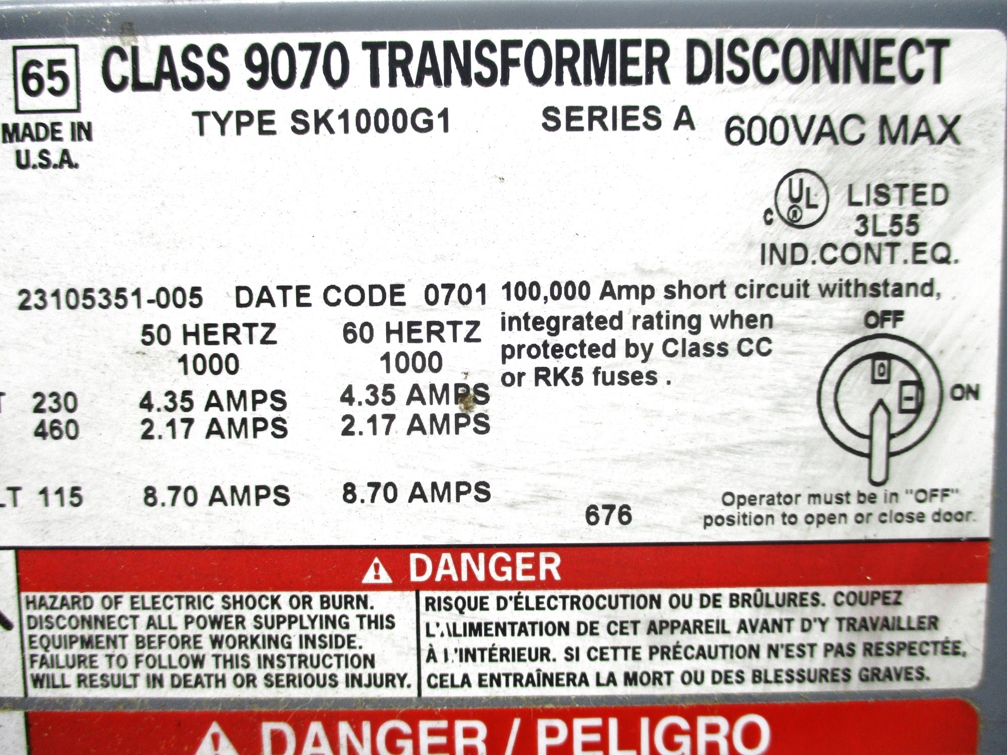 SQUARE D 9070SK1000G1 SER. A NSNP