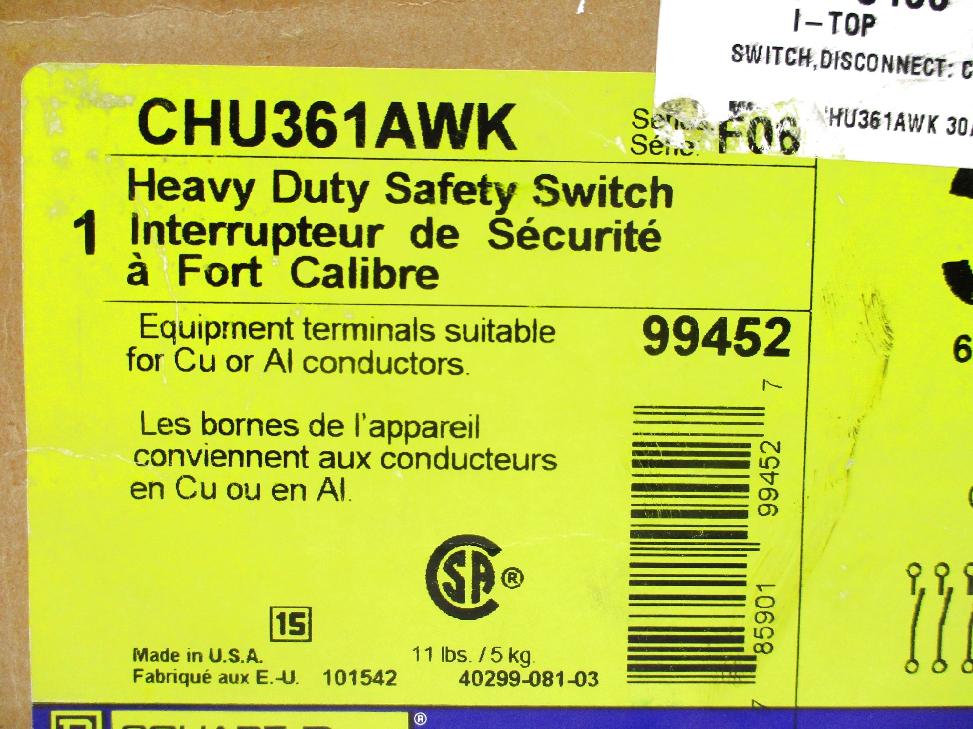 SQUARE D CHU361AWK SER. F06 NSFS