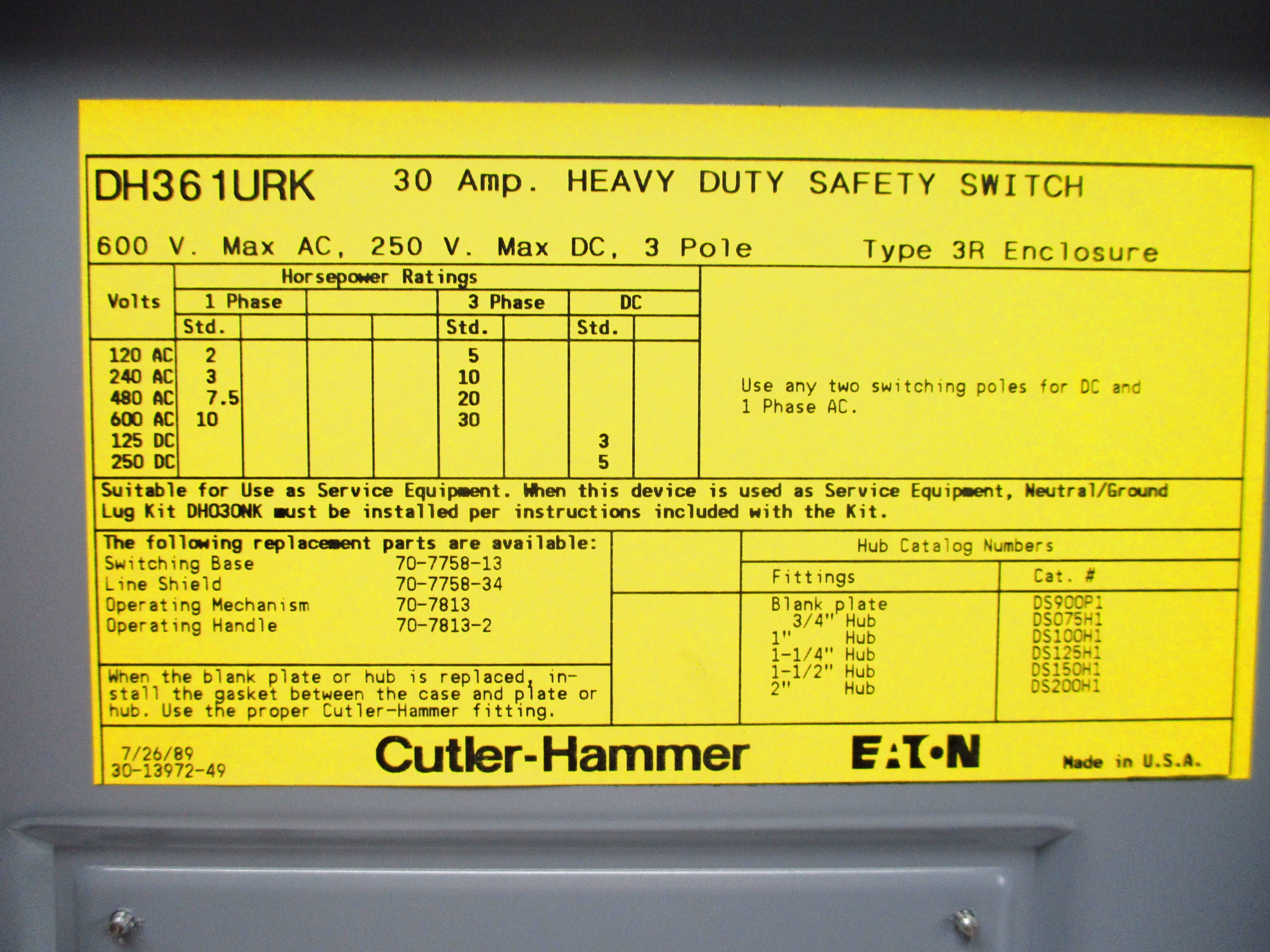CUTLER HAMMER DH361URK NSNP