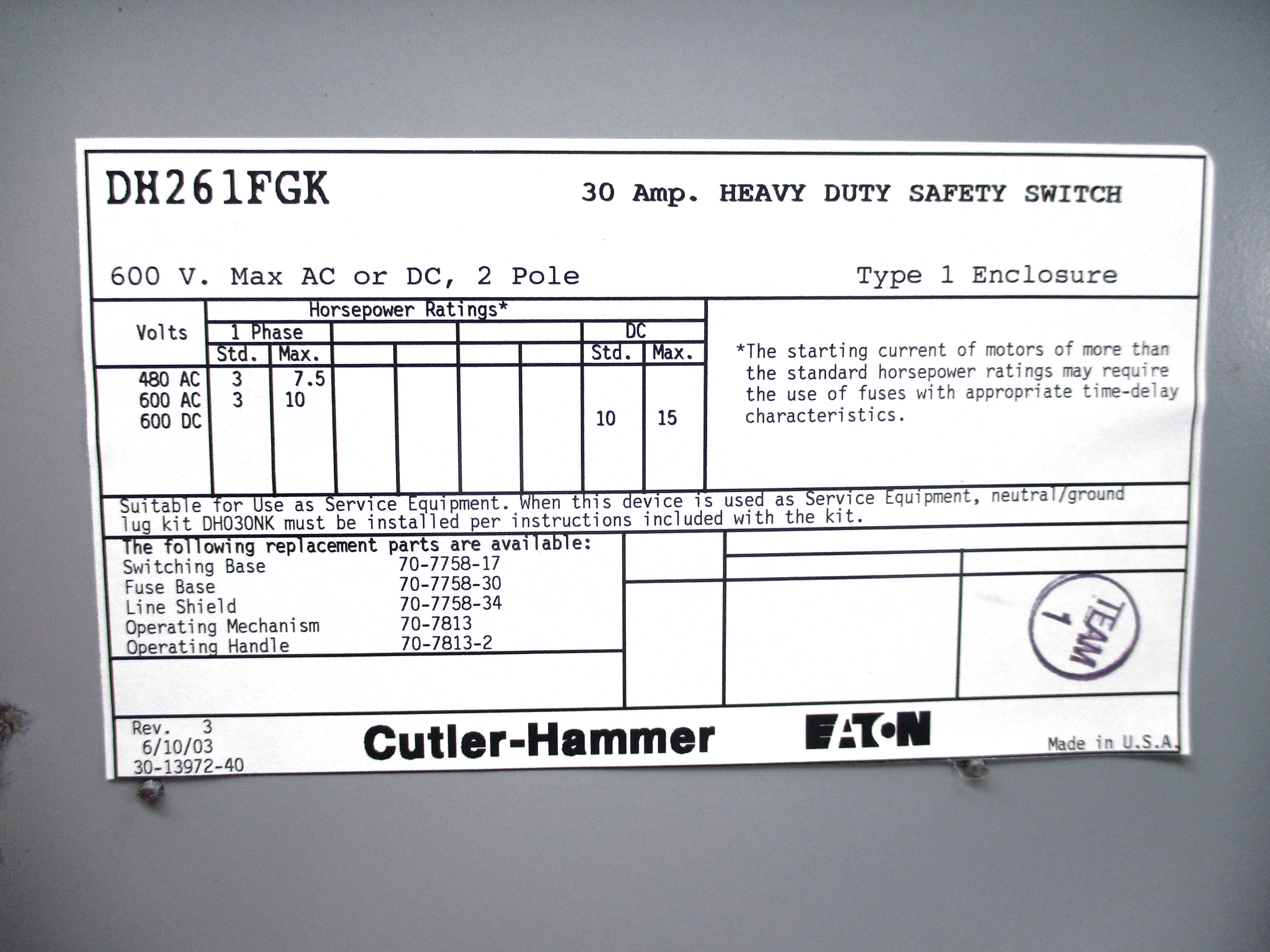 CUTLER HAMMER DH261FGK NSNP