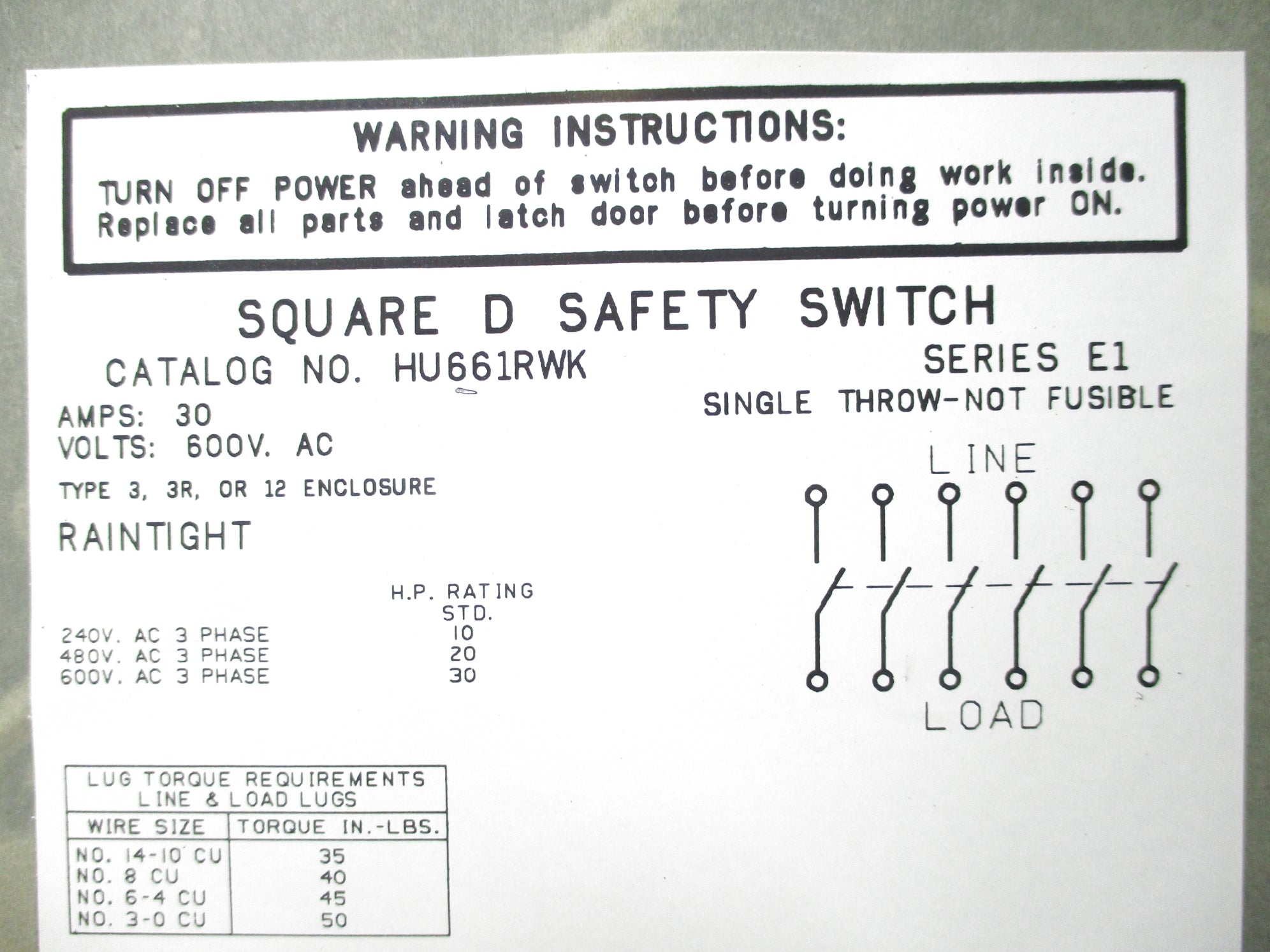 SQUARE D HU661RWK SER. E1 NSNP