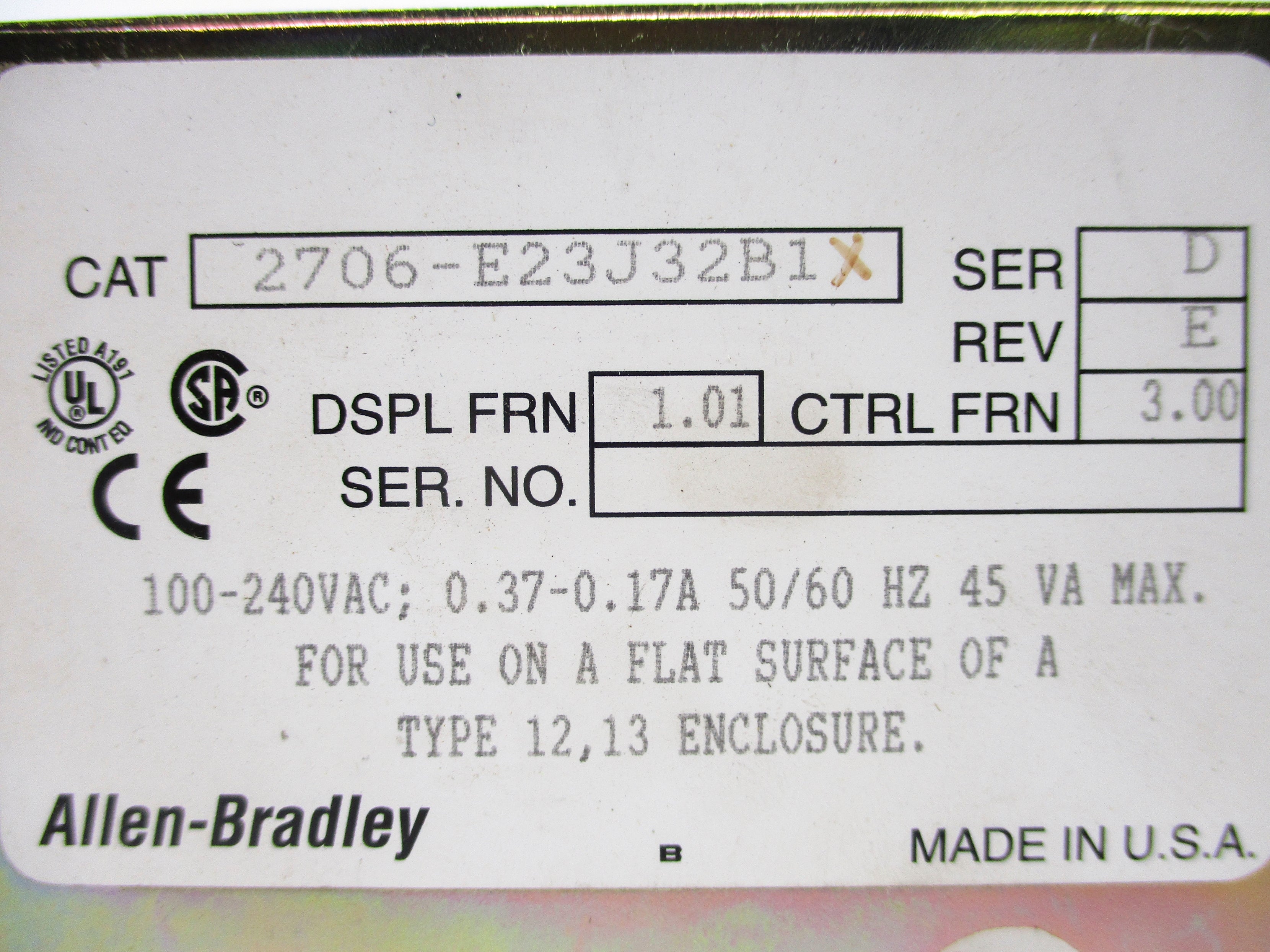 ALLEN BRADLEY 2706-E23J32B1 SER. D F/W 3.00 NSNP