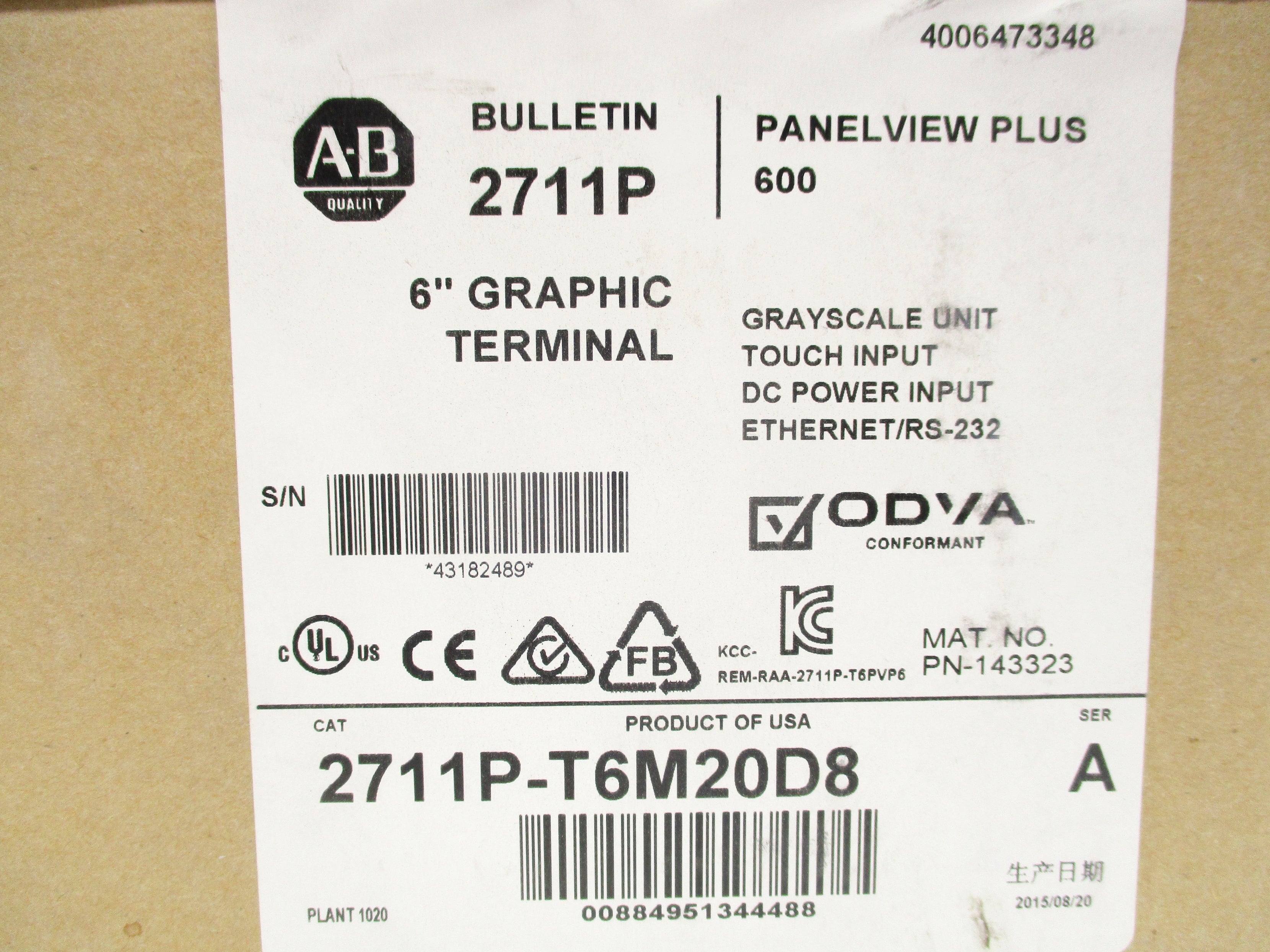 ALLEN BRADLEY 2711P-T6M20D8 SER. A DATE: 2015 NSFS