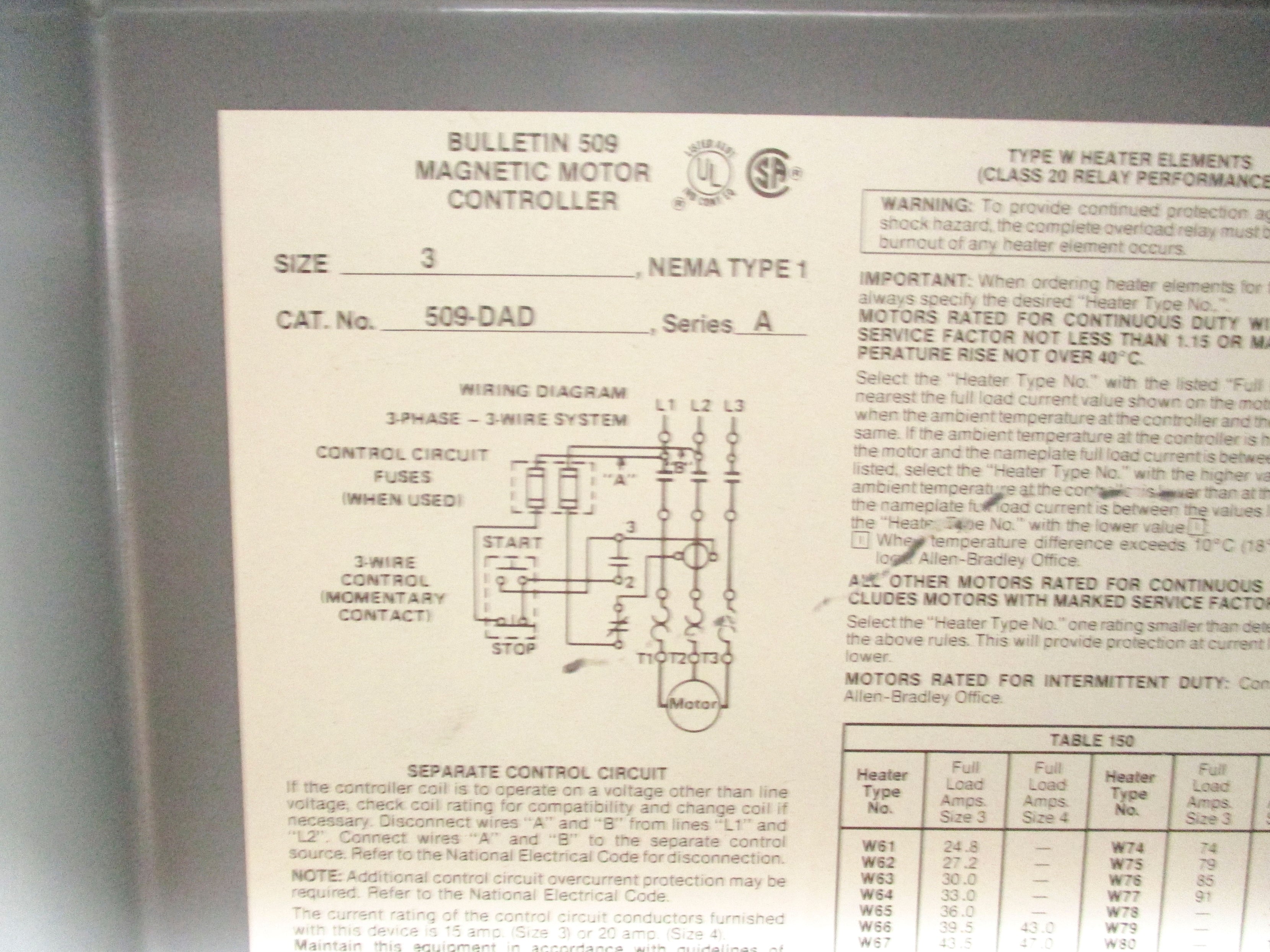 ALLEN BRADLEY 509-DAD SER. A (ENCLOSURE ONLY) NSNP