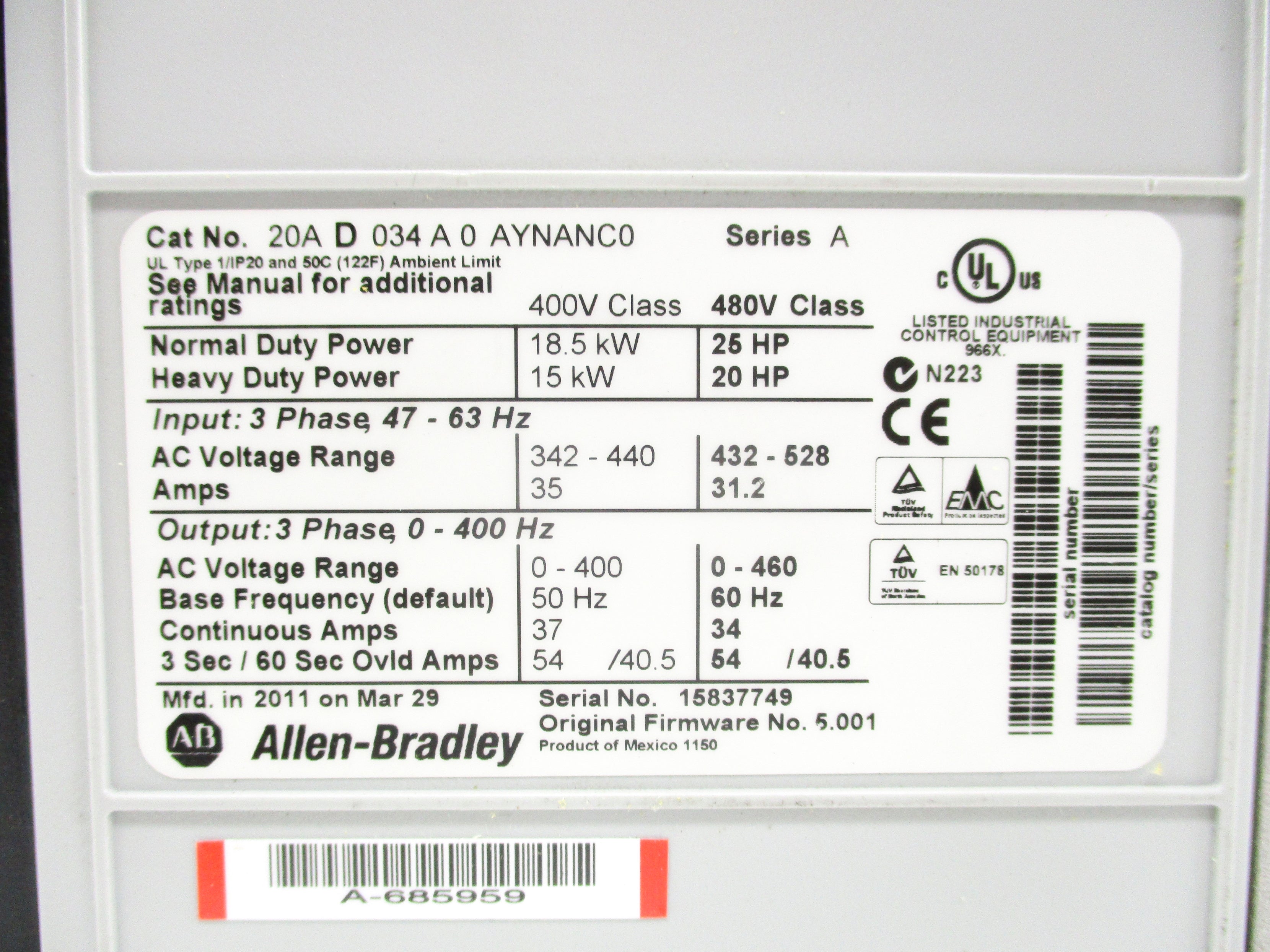 ALLEN BRADLEY 20AD034A0AYNANC0 SER. A F/W 5.001 UNMP