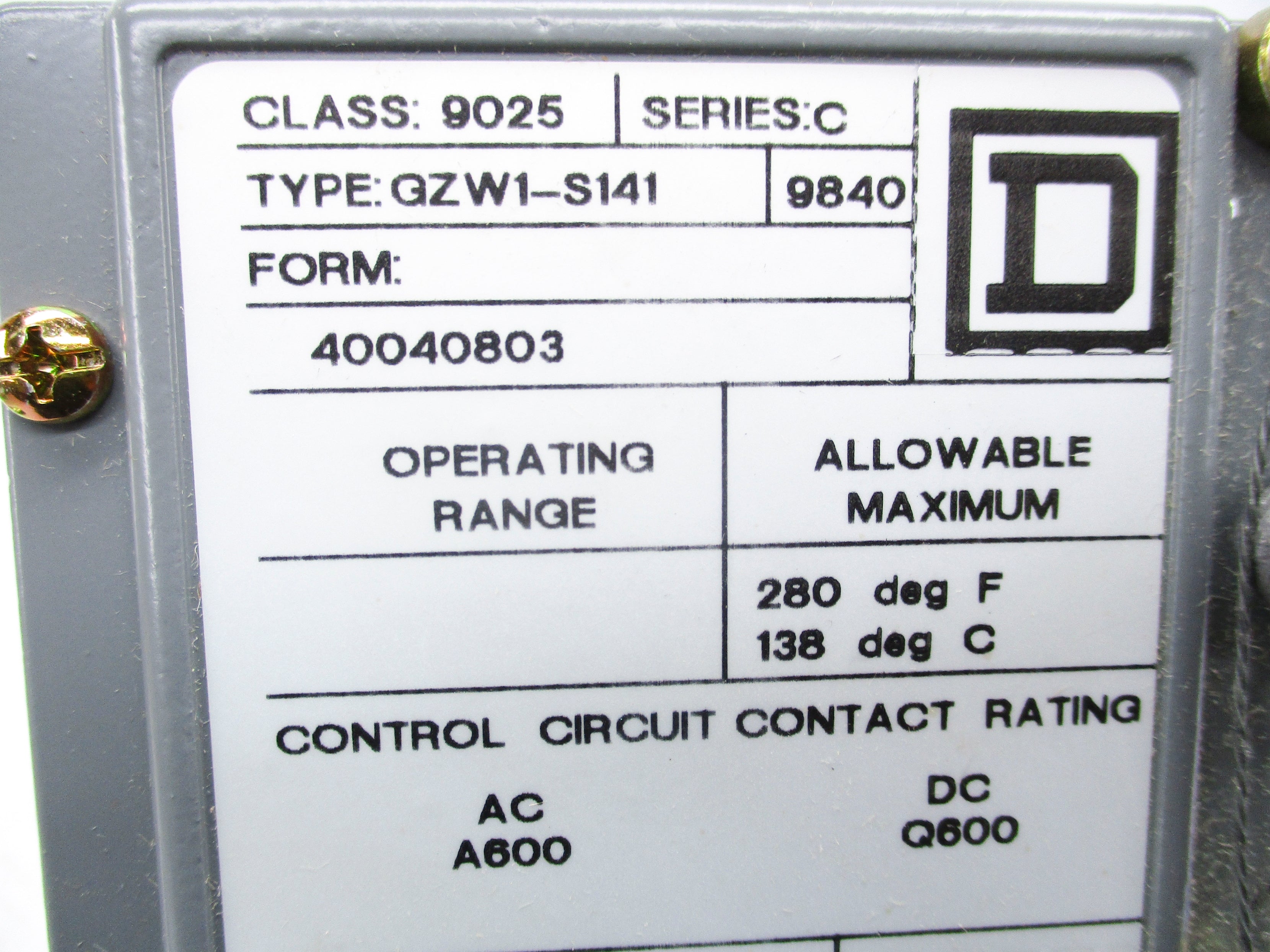 SQUARE D 9025GZW1S141 SER. C NSNP