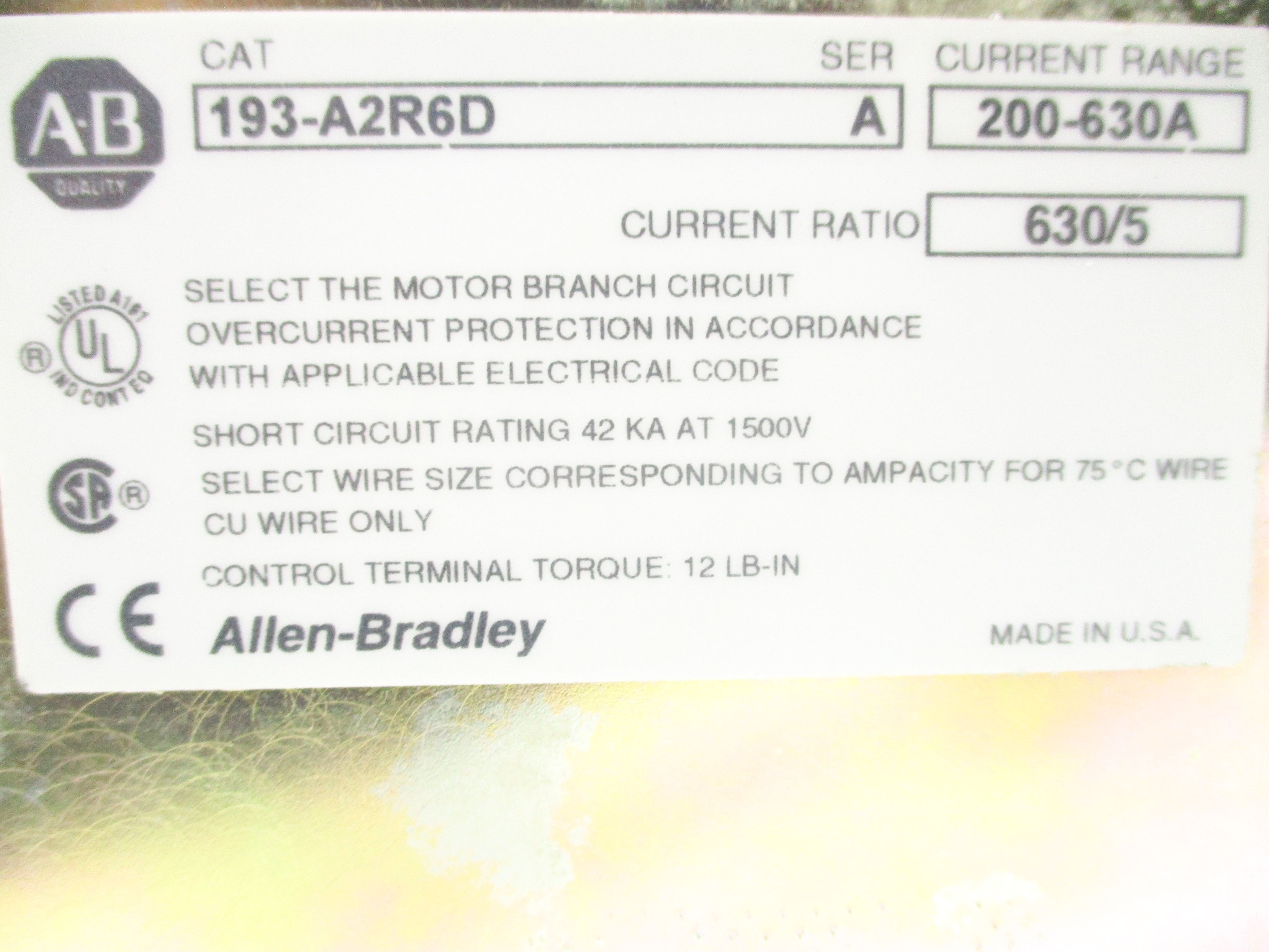ALLEN BRADLEY 193-A2R6D SER. A 200-630A UNMP