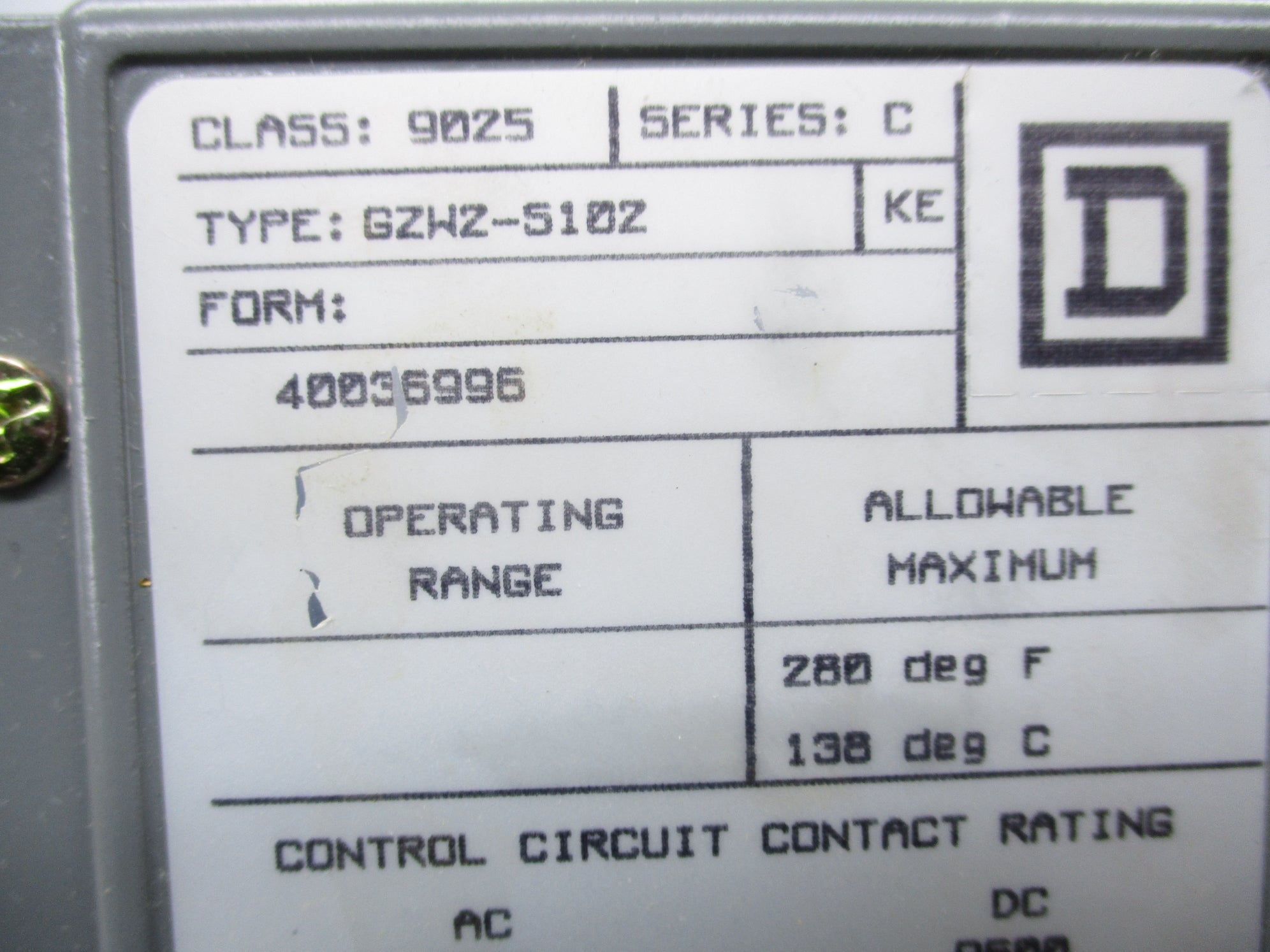 SQUARE D 9025GZW2S102 SER. C NSNP