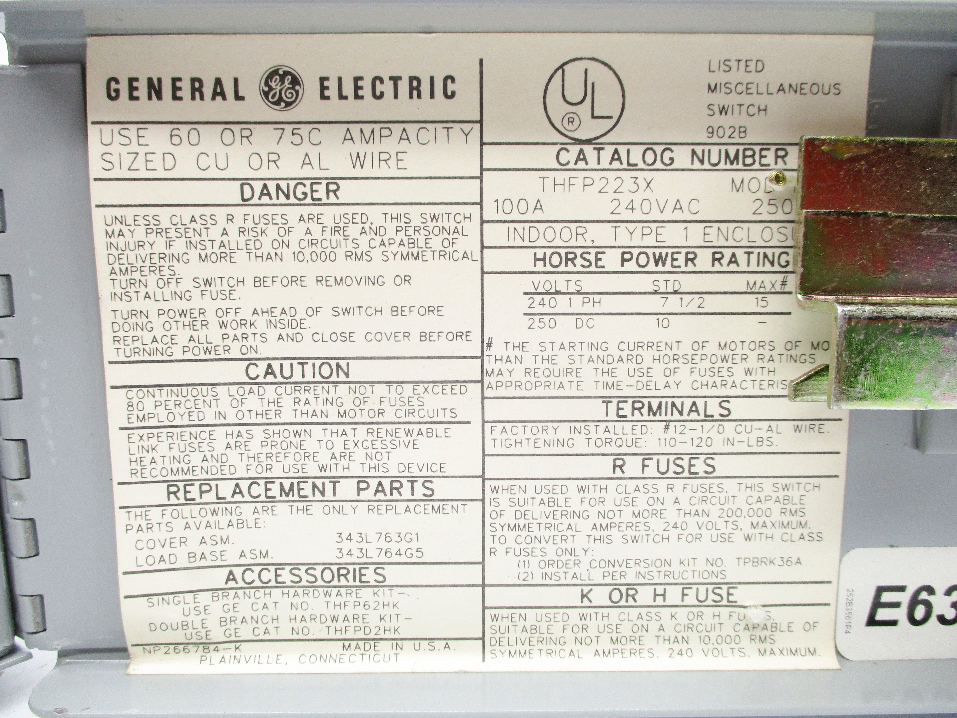 GENERAL ELECTRIC THFP223X NSNP