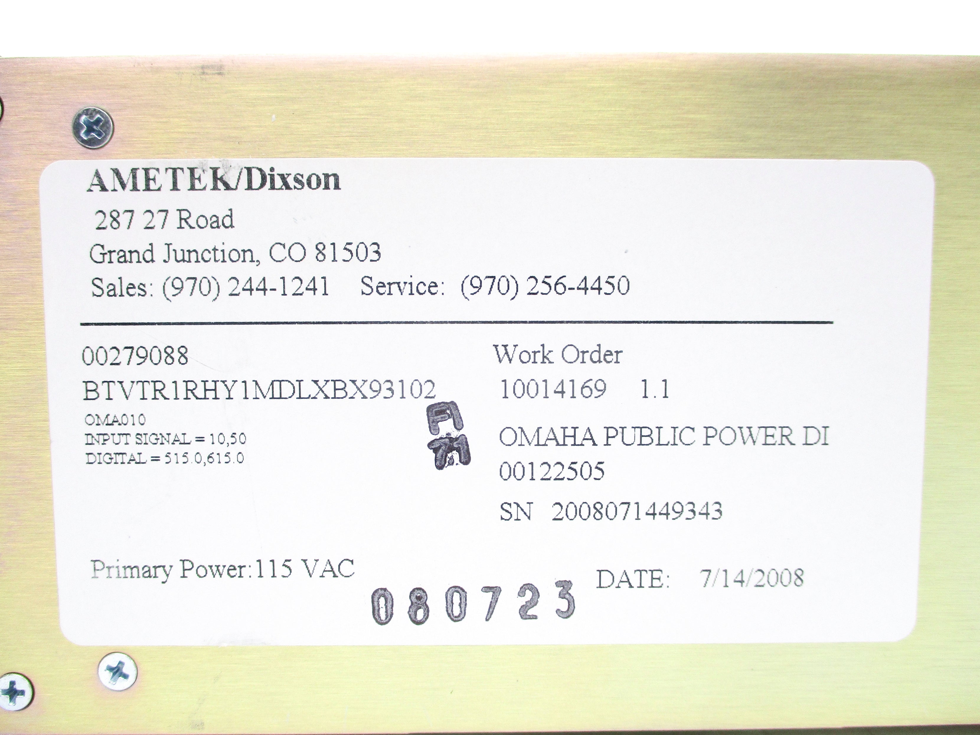 AMETEK BTVTR1RHY1MDLXBX93102 515-615F UNMP