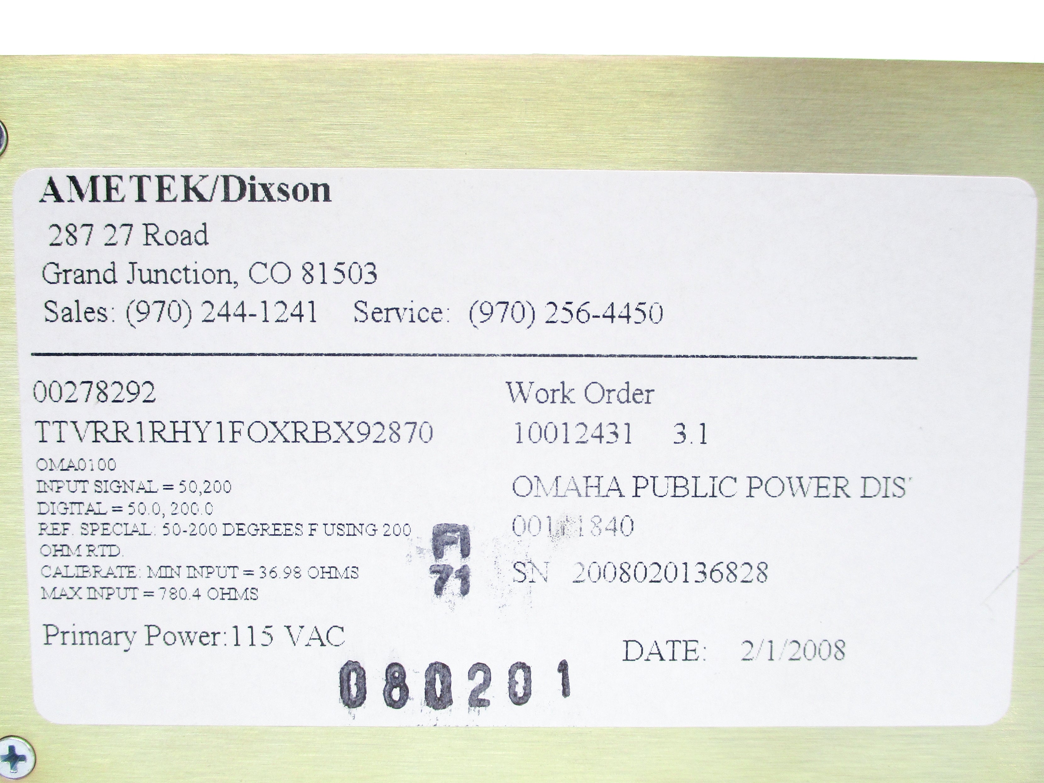 AMETEK TTVRR1RHY1FOXRBX92870 5-20F UNMP