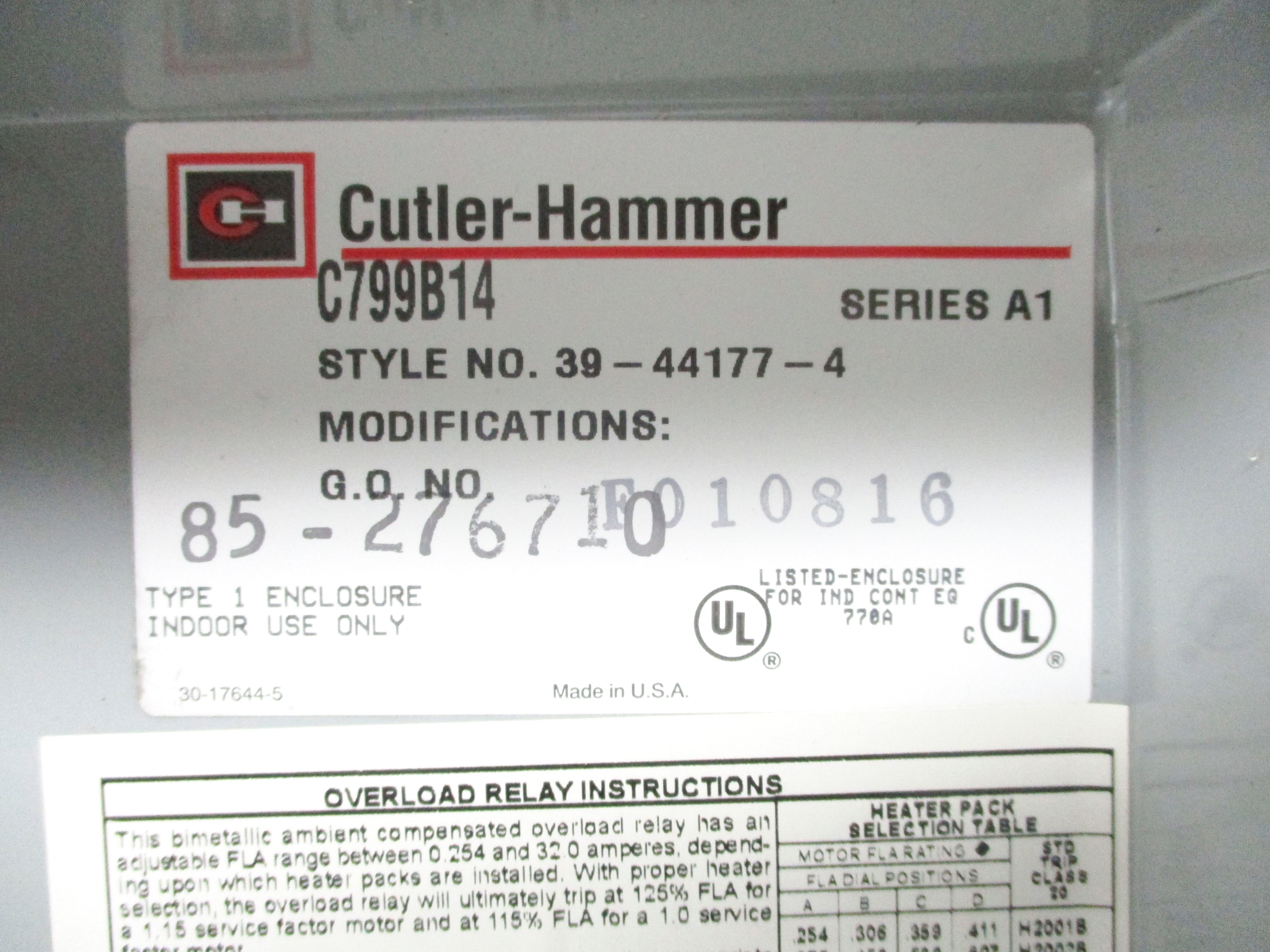 CUTLER HAMMER C799B14 SER. B1 NSNP