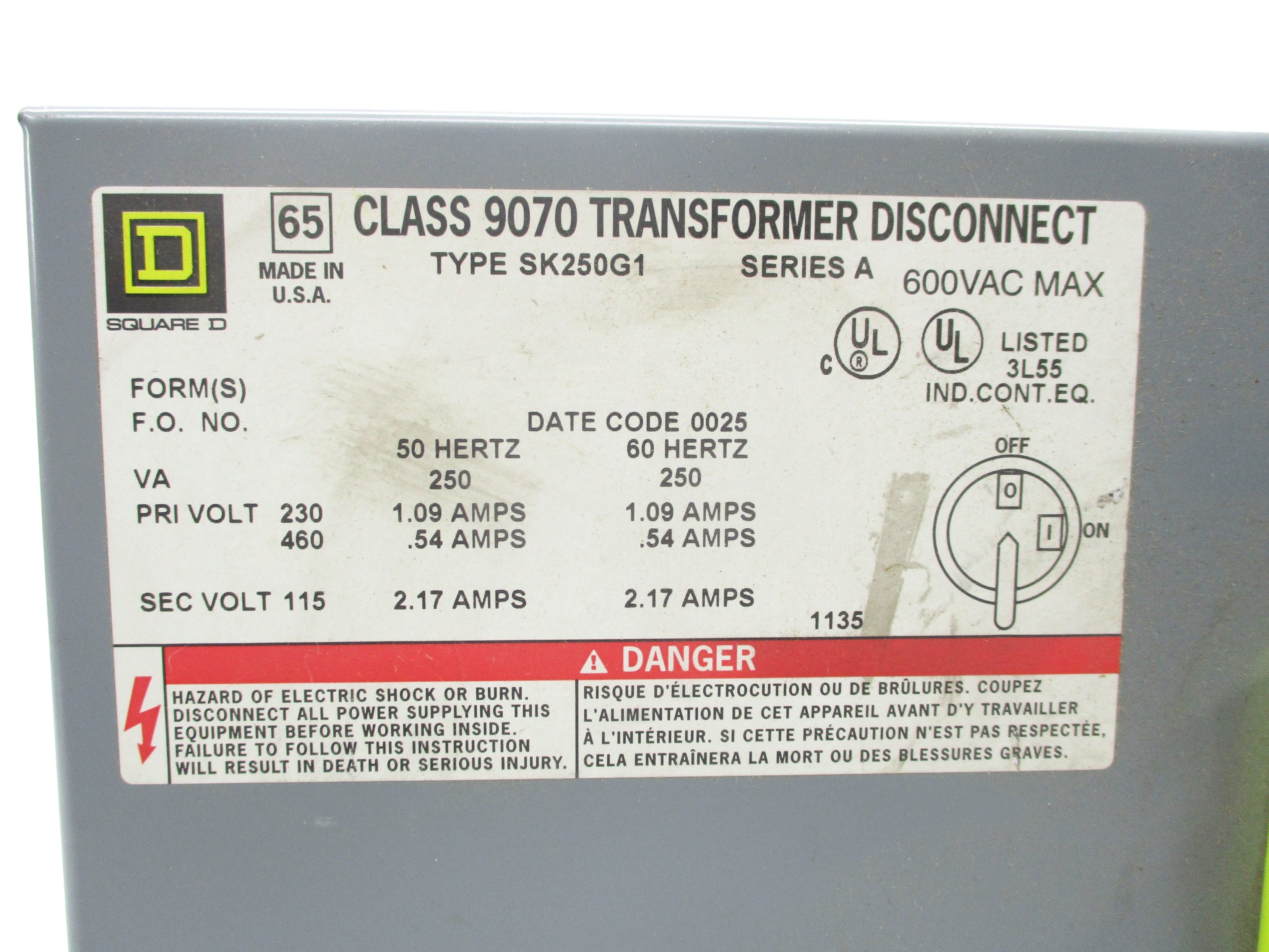 SQUARE D 9070SK250G1 SER. A 460V 2.17A NSNP