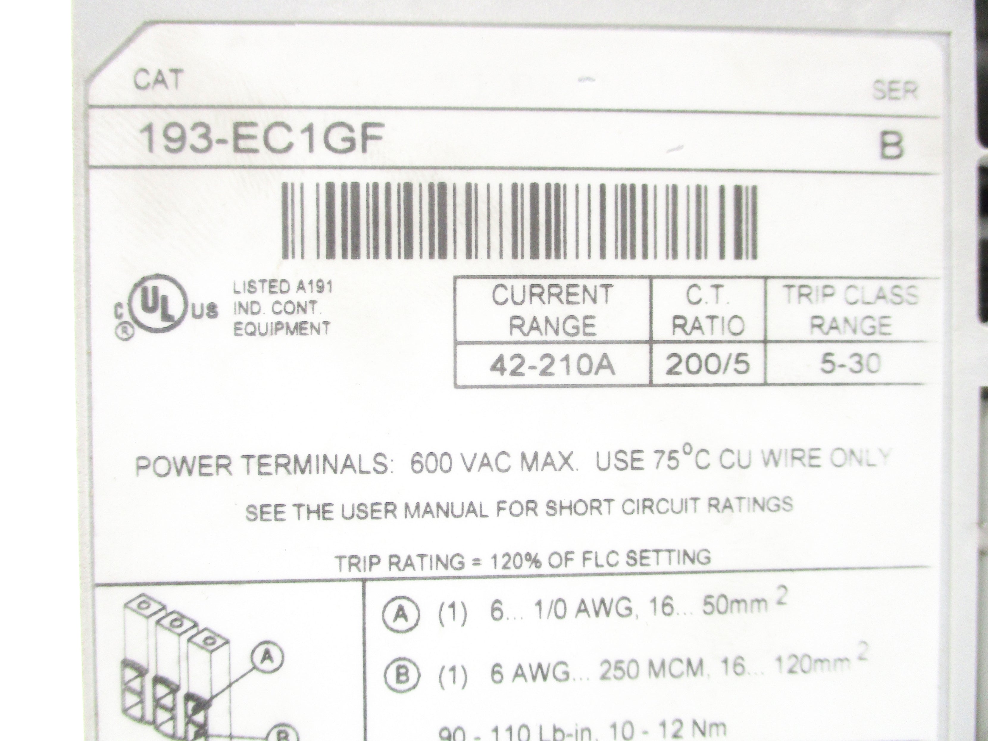 INDUSTRIAL SPARE PART 193-EC1GF SER. B 42-210A 600VAC UNMP