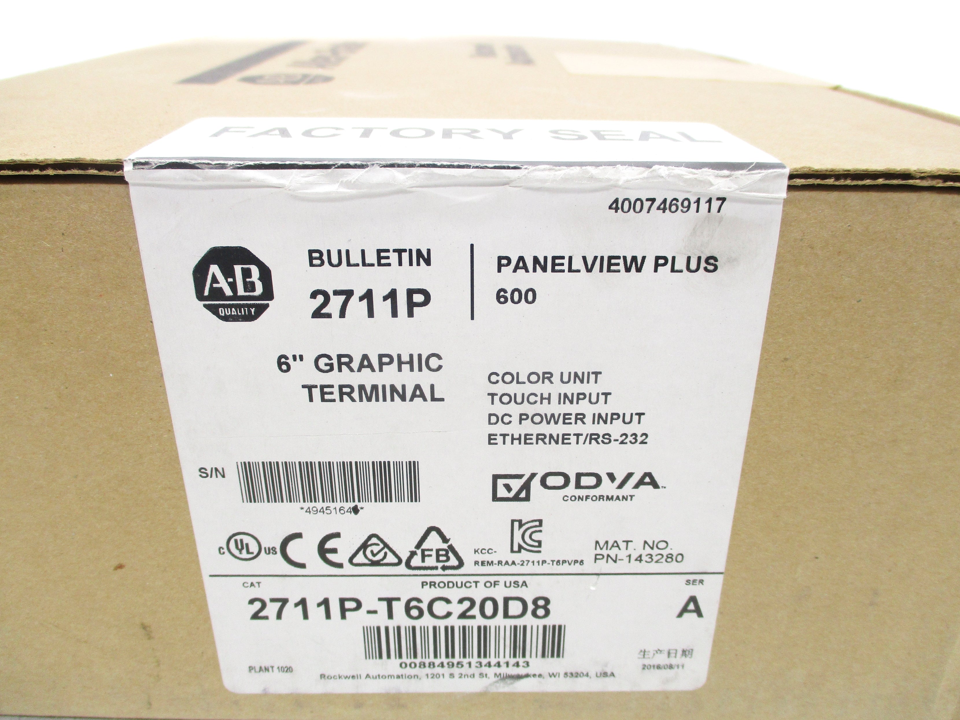 ALLEN BRADLEY 2711P-T6C20D8 SER. A (BR/WH) DATE: 2016 NSFS