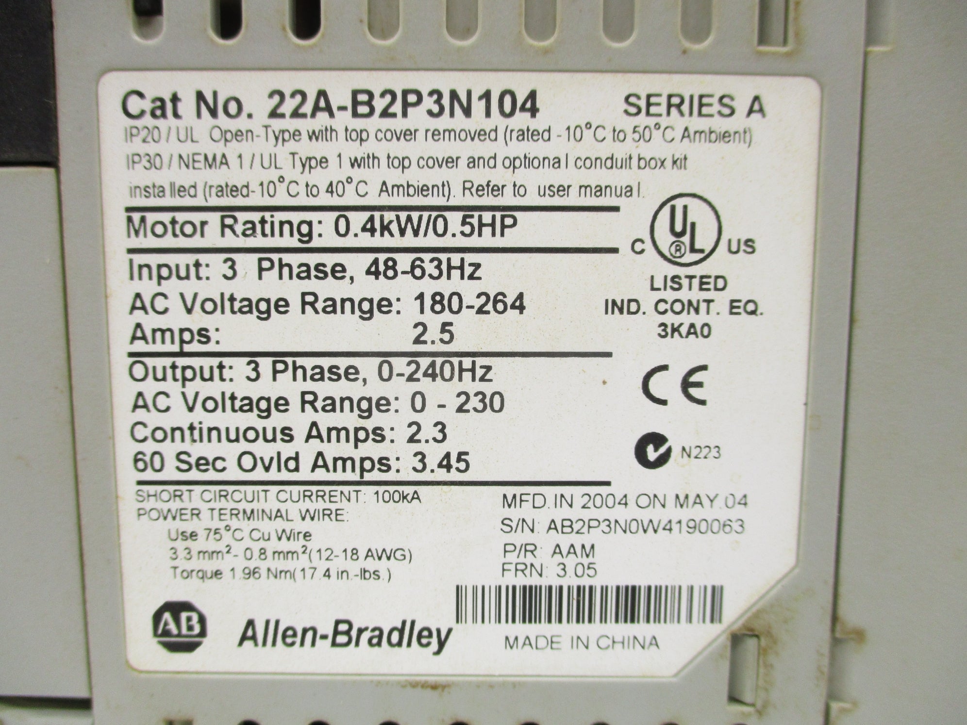 ALLEN BRADLEY 22A-B2P3N104 SER. A F/W 3.05 UNMP