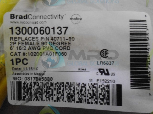 WOODHEAD 1300060137 PVC CORD * NEW IN FACTORY BAG *