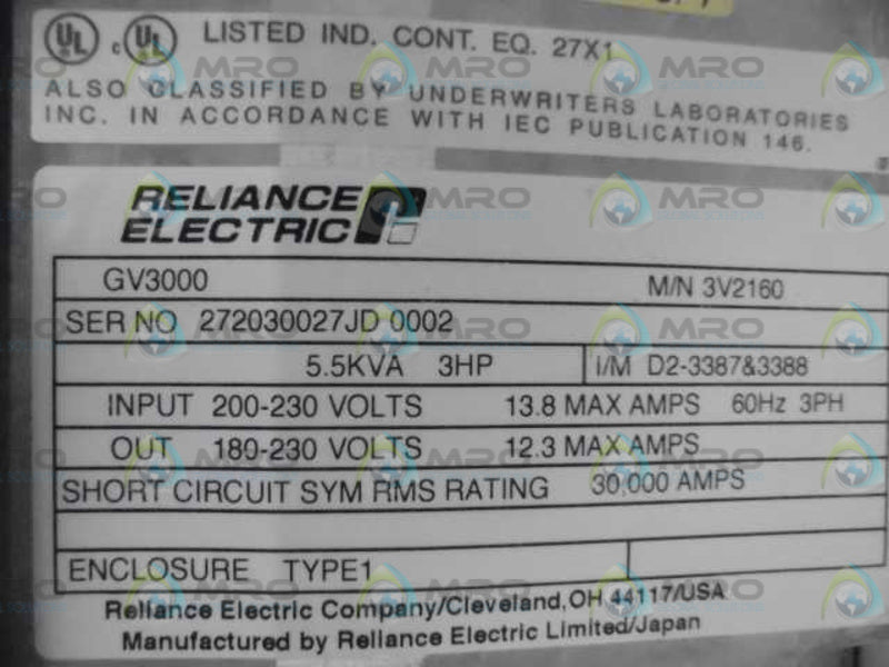 RELIANCE ELECTRIC 3V2160 AC DRIVE 3HP GV3000/SE (AS PICTURED)  UNMP