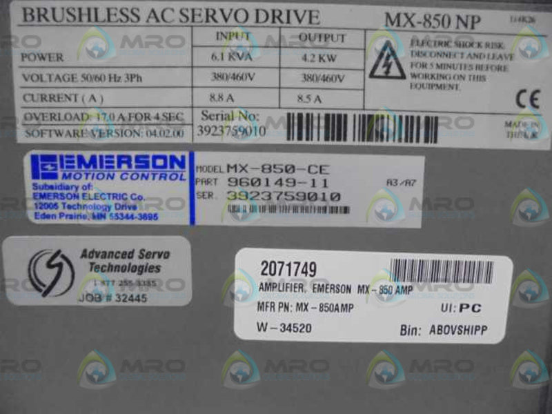 EMERSON 960149-11 BRUSHLESS AC SERVO DRIVE MX-800-CE *USED*