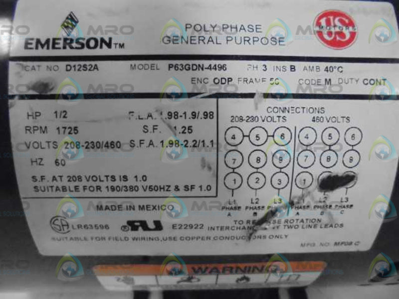 EMERSON D12S2A 1/2 HP 1725 RPM MOTOR  UNMP
