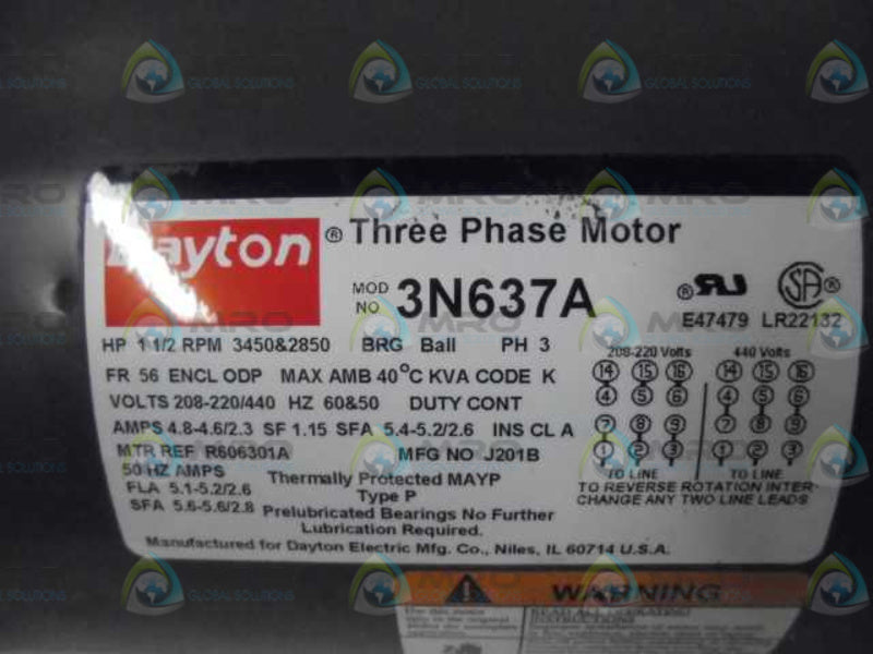 DAYTON 3N637A 3 PHASE MOTOR  UNMP