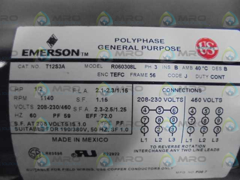 EMERSON R060308L POLY  3 PH 1/0 HP 1140 RPM MOTOR  NSNP