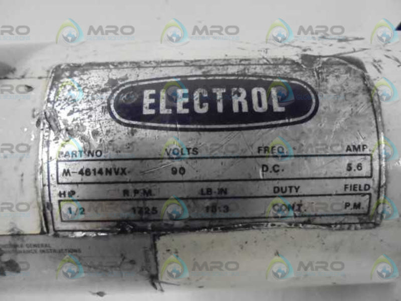 ELECTROL CO. M-4614NVX MOTOR 1/2 HP 1725 RPM 90V 5.6 AMP  UNMP