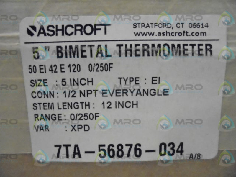 ASHCROFT 50EI42E120 0/250 BIMETAL THERMOMETER 5" * FACTORY SEALED *