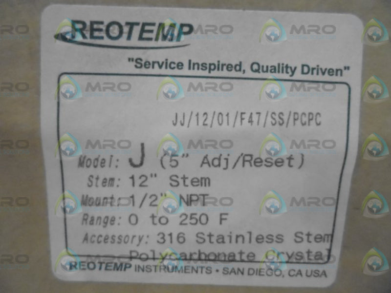 REOTEMP MODEL J BIOMATALLIC THERMOMETER 12" STEM * FACTORY SEALED *