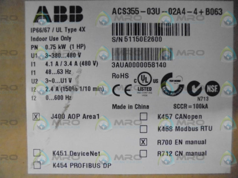 ABB ACS355-03U-02A4-4+B063 AC DRIVE * FACTORY SEALED *