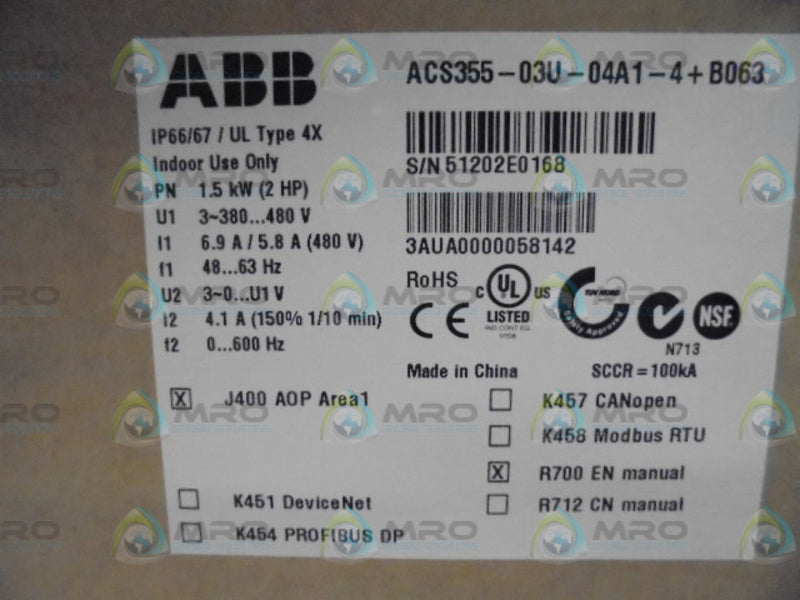 ABB ACS355-03U-04A1-4+B063 3 PHASE DRIVE * FACTORY SEALED *