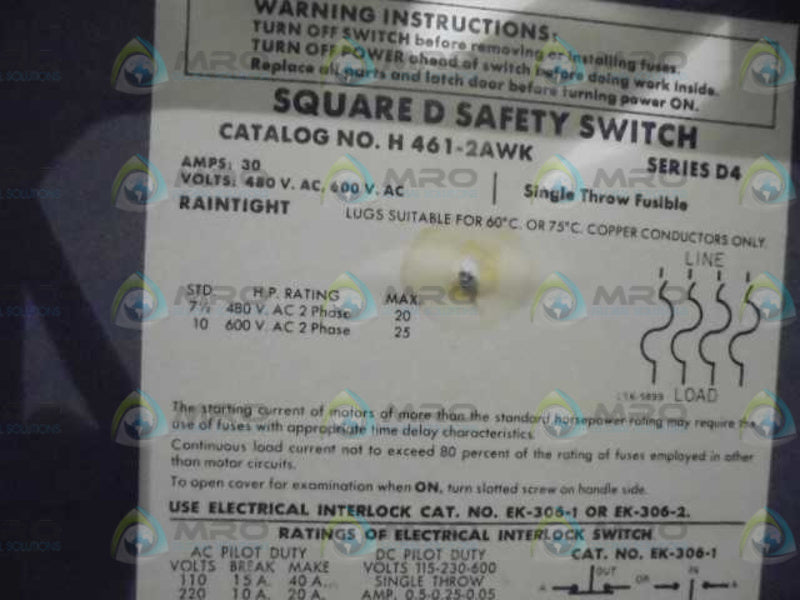 SQUARE D H461-2AWK SER. D4 SAFTY SWITCH  UNMP