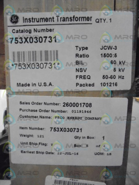 GENERAL ELECTRIC 753X030731 CURRENT TRANSFORMER * NEW IN CRATE *