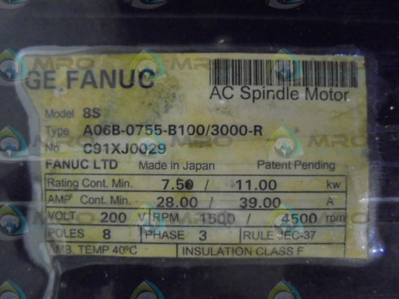 FANUC A06B-0755-B100/3000-R AC SPINDLE MOTOR  UNMP