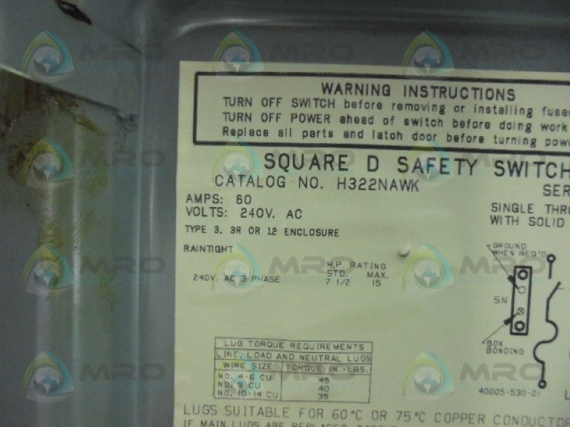 SQUARE D H322NAWK SAFTY SWITCH  UNMP