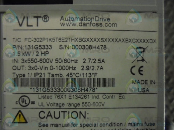DANFOSS 131G5333 AUTOMATION DRIVE * USED *
