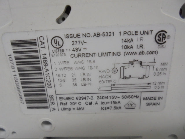 ALLEN BRADLEY 1489-A1C200 SER. A CIRCUIT BREAKER *USED*