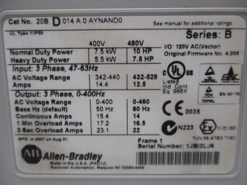 ALLEN BRADLEY 20BD014A0AYNAND0 * USED *