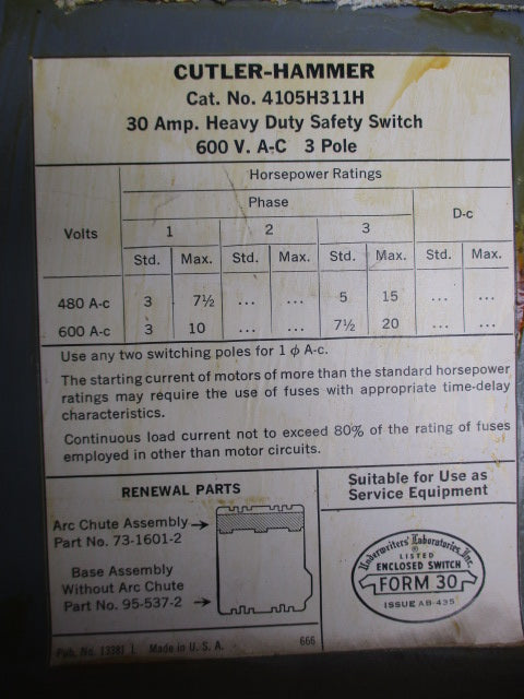 CUTLER HAMMER 4105H311H  UNMP