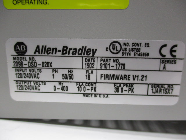 ALLEN BRADLEY 2098-DSD-020X SER. A F/W V1.21 NSMP
