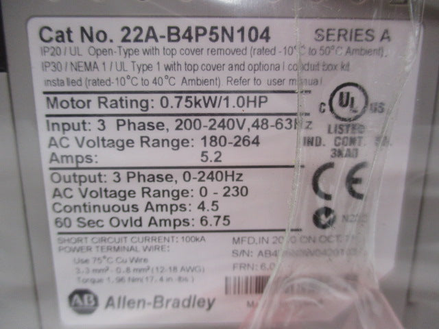 ALLEN BRADLEY 22A-B4P5N104 SER. A F/W 6.01 NSMP
